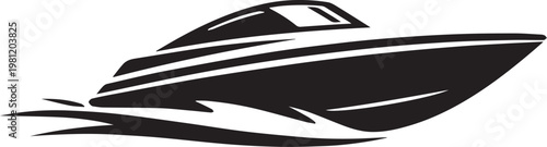 Black Silhouette Speedboat Vector Icon, Dynamic Forward Motion Speedboat Illustration, Isolated on Transparent Background