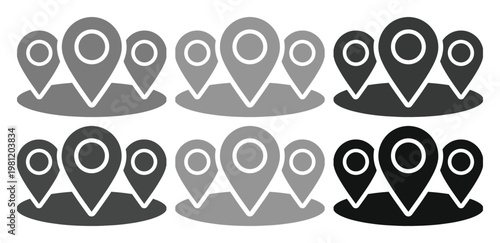 モノクロの地図ピンアイコンセット、位置情報とナビゲーションを示すシンプルなベクターイラスト。ビジネス、旅行、テクノロジー関連のデザインに最適なグラフィックリソース。
