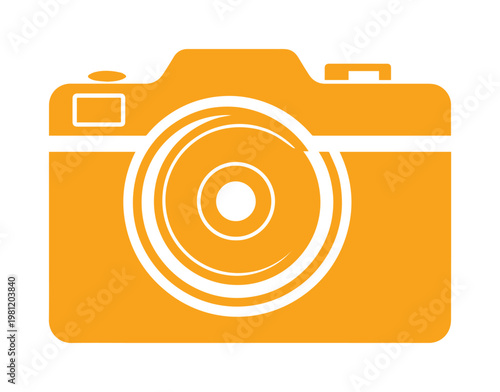 オレンジ色のレトロなカメラアイコン、写真撮影とデジタルイメージングを象徴するシンプルなベクターイラスト、ウェブサイトやアプリのUIデザインに最適な写真機材のシンボル