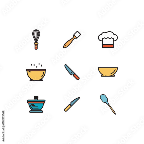 Set of 9 kitchen tools icons, cooking utensils collection, simple cartoon style kitchen equipment, spoon fork, knife, pan, whisk, spatula icons set