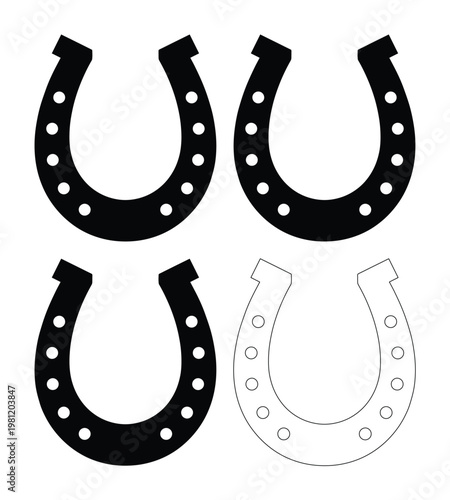 幸運のシンボル、蹄鉄のベクターイラストセット。黒とアウトラインで表現された馬蹄のアイコン素材、お守りや成功のイメージに。