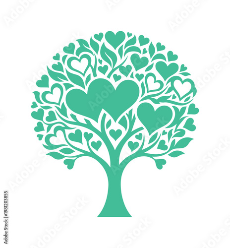 愛と生命の象徴、ハートの葉で彩られた美しい生命の木。結婚式、バレンタイン、環境保護デザインに最適なロマンチックなベクターイラスト。