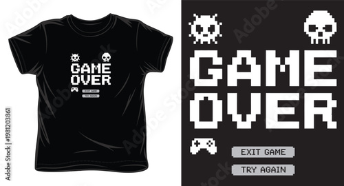 Retro pixel art game over design with skull and controller icons on black shirt mockup.