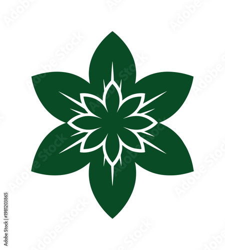 深緑の六弁花、シンメトリーな植物の葉のエンブレム。自然と成長を象徴するミニマルなベクターアイコン、ロゴデザインやブランドイメージに最適なエレガントな植物モチーフ。