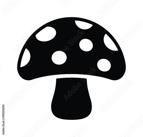 シンプルでかわいいキノコのシルエットベクターイラスト、森の植物や自然をテーマにしたデザインに最適な黒と白のアイコン素材、ウェブサイトやアプリのUI/UXエレメント、印刷物やロゴ作成に活用できる汎用性の高いグラフィックリソース