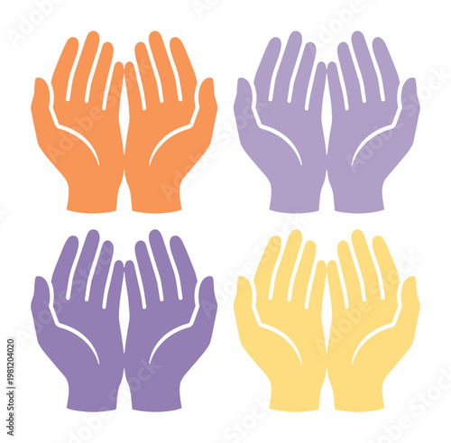 祈りの手、開いた手のひら、差し伸べられた手、慈悲と信仰のシンボル。ベクターイラストセット、宗教的なグラフィックデザイン素材。