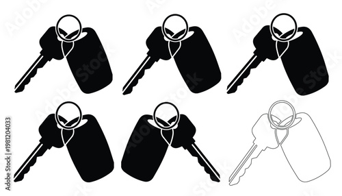 車のキーとキーホルダーのモノクロベクターイラストセット、自動車のロック解除やセキュリティを示すシンプルなアイコン、交通機関や不動産関連のデザインに最適な6つのキーグラフィック