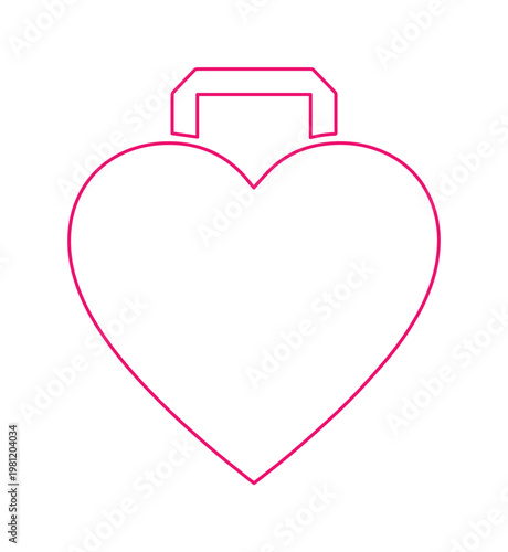 愛を運ぶハート型バッグのミニマルな線画イラスト、バレンタインデーやギフト、ロマンスを象徴するシンプルなピンクのベクターアイコン