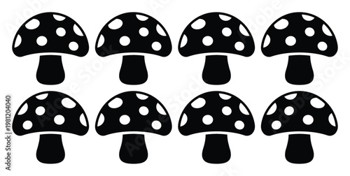 モノクロのドット柄キノコ8個セット、シンプルで可愛らしいベクターイラスト素材、デザイン要素、アイコン、装飾、ウェブ、印刷物向け