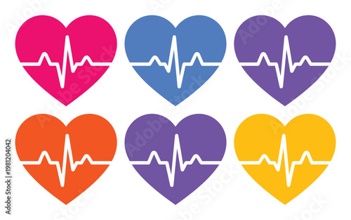 カラフルな心電図のハートアイコンセット、健康と医療を象徴する鮮やかなベクターイラスト素材。心拍、生命、愛を表現するデザインエレメント。