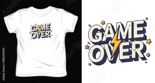 Game over text with lightning bolt and stars design on white t shirt mockup.