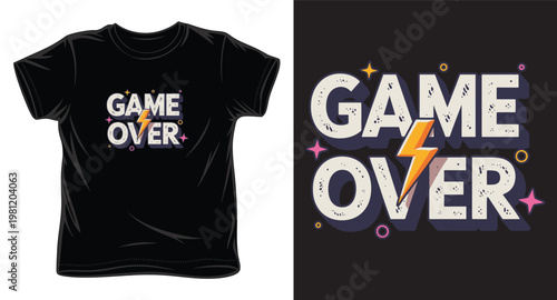 Game over text with lightning bolt and stars design on black t shirt mockup.