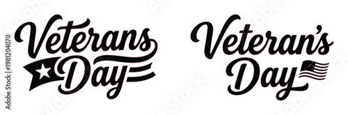 退役軍人の日、ベテランズデーのタイポグラフィロゴセット。星条旗と星のバナーをあしらった、愛国的な祝日を祝う手書き文字のベクターイラスト。