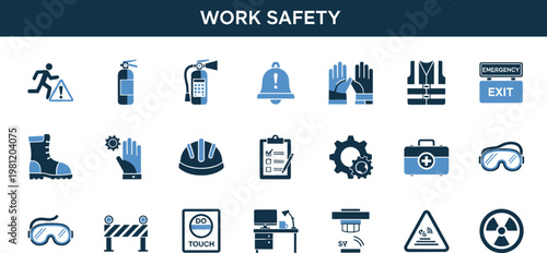 Work safety flat icon set with protective equipment emergency tools hazard warning and industrial security symbols for workplace design