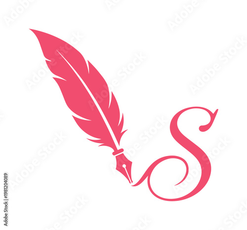 優雅な羽ペンと流れるような「S」の文字を組み合わせた、ピンク色のベクターイラスト。執筆、文学、クリエイティブな表現を象徴するロゴデザイン、アイコン、シンボルに最適。
