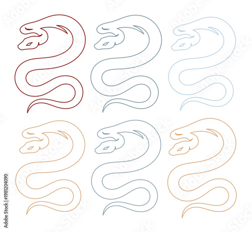 双頭の蛇の抽象的な線画ベクターイラストセット、神秘的で神話的な生き物のシンボル、タトゥーデザインやロゴ作成に最適な動物のアイコンコレクション