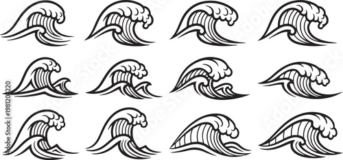 Line art illustration of a variety of bird heads in profile view Vector