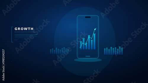 Mobile phone with growing graph on screen vector illustration, flat design