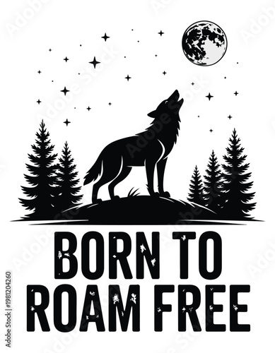Black wolf howling at moon with stars and pine trees