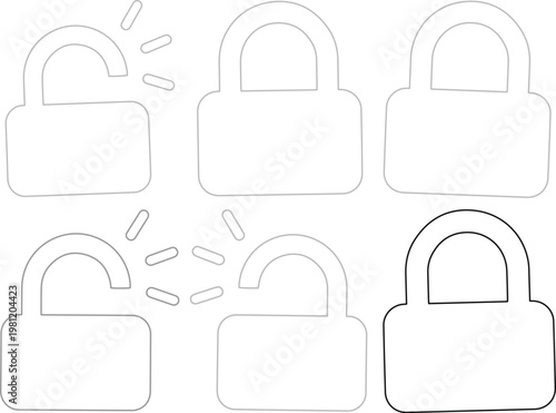 セキュリティとプライバシー保護の概念を表す、開閉する南京錠のシンプルな線画アイコンセット。ウェブサイトやアプリのUI/UXデザインに最適なベクター素材。