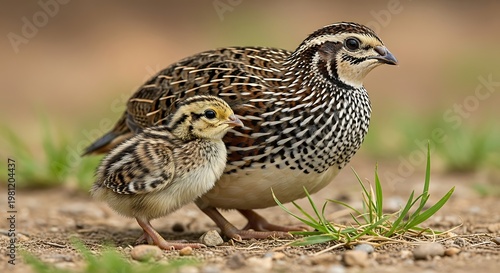 Adult and juvenile quail walking together in a grassy field.