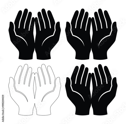 祈りの手、差し伸べられた手、助けを求める手、与える手、受け取る手、神聖なジェスチャーのミニマルなベクターアイコンセット