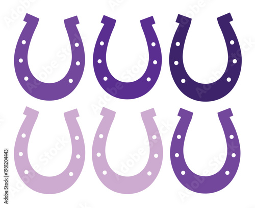 幸運のシンボル、紫色の馬蹄形ベクターセット。成功と繁栄を願うお守り、6つの異なる色合いの馬蹄形イラスト。デザイン素材、ウェブアイコン、装飾に最適なグラフィックリソース。