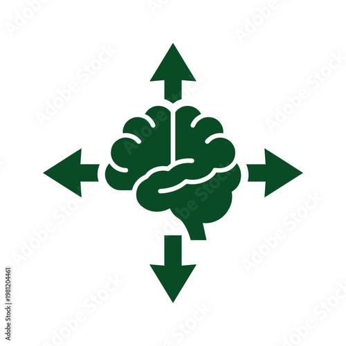 脳の思考と方向性を示す、創造性と戦略的思考を象徴する緑色のベクターアイコン。アイデア、意思決定、問題解決の概念を表現したシンプルなグラフィック。