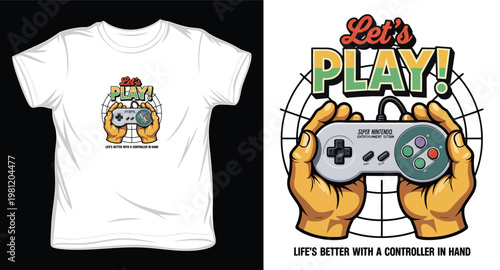 Lets play gaming slogan with controller and hands on t-shirt mockup.
