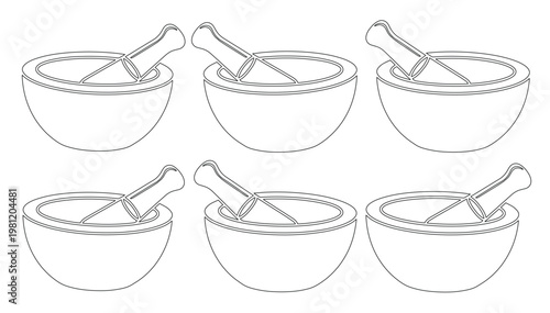 乳鉢と乳棒のシンプルな線画アイコンセット、薬草やスパイスをすり潰す調理器具、実験器具のベクターイラスト素材、医療・料理・科学分野のデザインに。