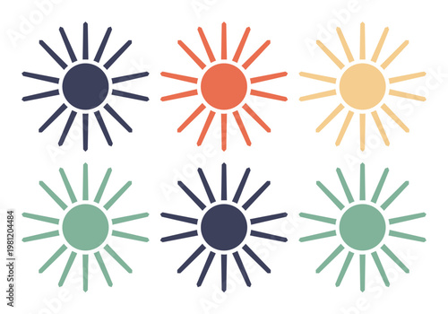 太陽の光線が輝く、カラフルでモダンなサンバーストアイコンセット。夏のデザイン、天気予報、エネルギー関連プロジェクトに最適なベクター素材。