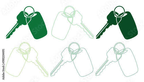 車の鍵とキーホルダーのシンプルでモダンな緑色のベクターアイコンセット、交通、セキュリティ、アクセスを表すミニマルなデザイン、ウェブサイトやアプリのUI/UX要素に最適