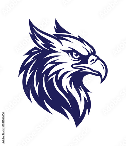 力強く威厳のあるグリフォンの頭部イラスト、神話上の生き物を象徴するエンブレム、スポーツチームやブランドロゴに最適なベクター素材