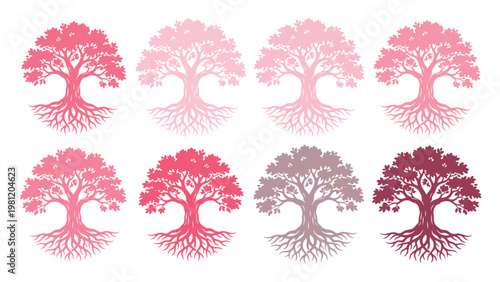 生命の樹、根と枝が広がるピンクと赤のグラデーションが美しいシンボルツリーのベクターイラストセット。成長、家族、自然を象徴するデザイン素材。