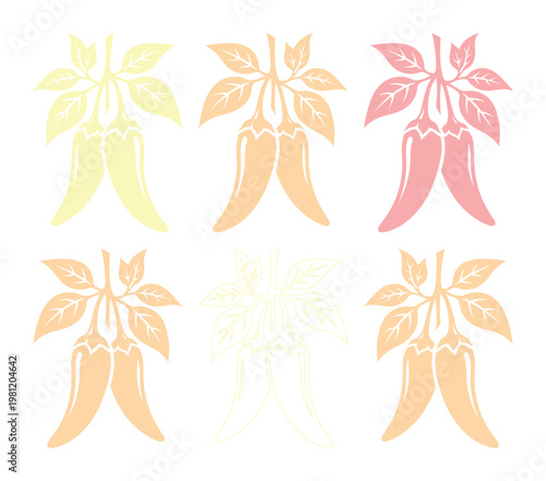 チリペッパーのビンテージ風ベクターイラストセット、暖色系の唐辛子と葉っぱのシルエット、メキシコ料理や辛い食べ物のデザイン素材、6種類のバリエーション