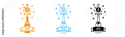 Ipo celebration champagne bottle with rising money and financial icons