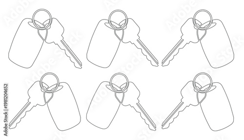 シンプルな鍵とキーホルダーのモノクロ線画ベクターイラストセット、セキュリティとアクセスを象徴する6つの鍵、不動産や自動車関連デザインに最適なミニマルなアイコン