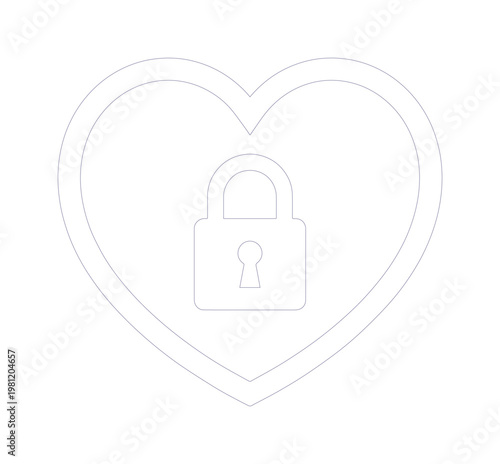 ハートと南京錠のシンプルな線画アイコン、愛とセキュリティを象徴するミニマルなベクターイラスト、ウェブサイトやアプリのUIデザインに最適なシンボル