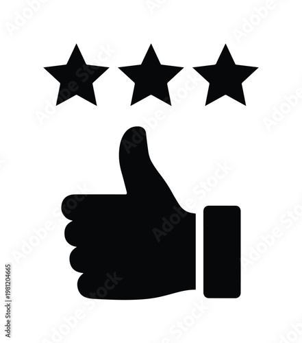 顧客満足度と高評価を示す3つの星と親指を立てた手のアイコン。サービス品質、肯定的なフィードバック、ビジネス評価を表現するシンプルなベクターイラストレーション。