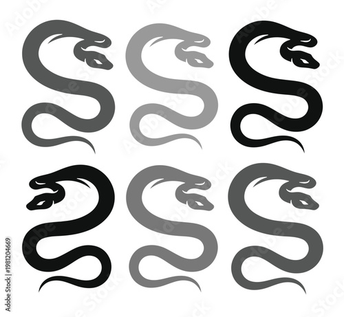 力強い双頭の蛇のベクターイラストセット、神話的な生き物のシンボル、タトゥーデザインやロゴに最適なモノクロームの爬虫類アイコンコレクション