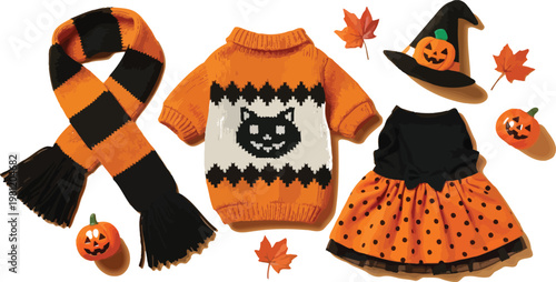 Colorful crocheted sweater and matching accessories set for autumn season Vector