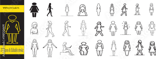 Collection of 25 editable vector woman icons in various poses and styles