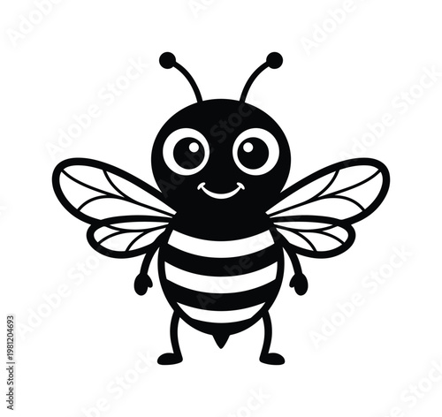 かわいいミツバチのキャラクターイラスト、シンプルな白黒のハチのアイコン、子供向けデザインやロゴに最適な昆虫のベクター素材