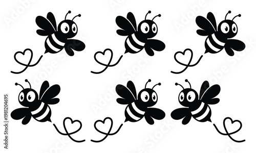 愛らしいミツバチのモノクロベクターイラストセット、ハートの軌跡を描く可愛い蜂のキャラクター、ウェブサイトやデザイン素材に最適な昆虫のアイコンコレクション