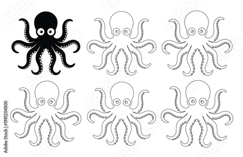 シンプルで可愛らしいタコのベクターイラストセット、海洋生物のアイコン、水中の生き物のキャラクターデザイン、子供向け教育素材やロゴデザインに最適な白黒のタコ。