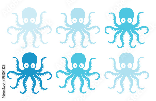 6匹のタコ、様々な青色と水色のグラデーションで表現された可愛い海の生き物イラストセット。水中の世界や海洋生物のテーマに最適なベクター素材。