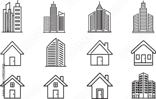 A collection of simple line drawings of buildings and houses