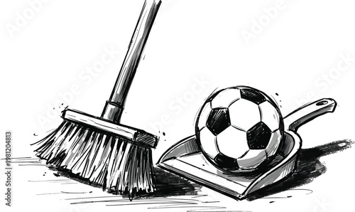 Sketch of a broom sweeping a soccer ball into a dustpan