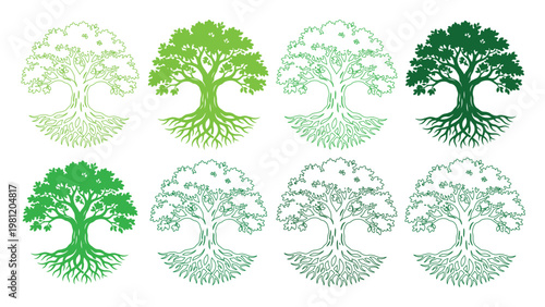生命の木、根と葉が広がる力強い樹木のアイコンセット。自然、環境、成長を象徴する緑豊かなベクターイラスト素材。
