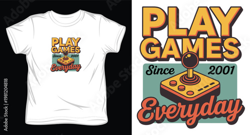 Play games everyday since 2001 typography with colorful retro arcade joystick illustration for apparel and poster design.